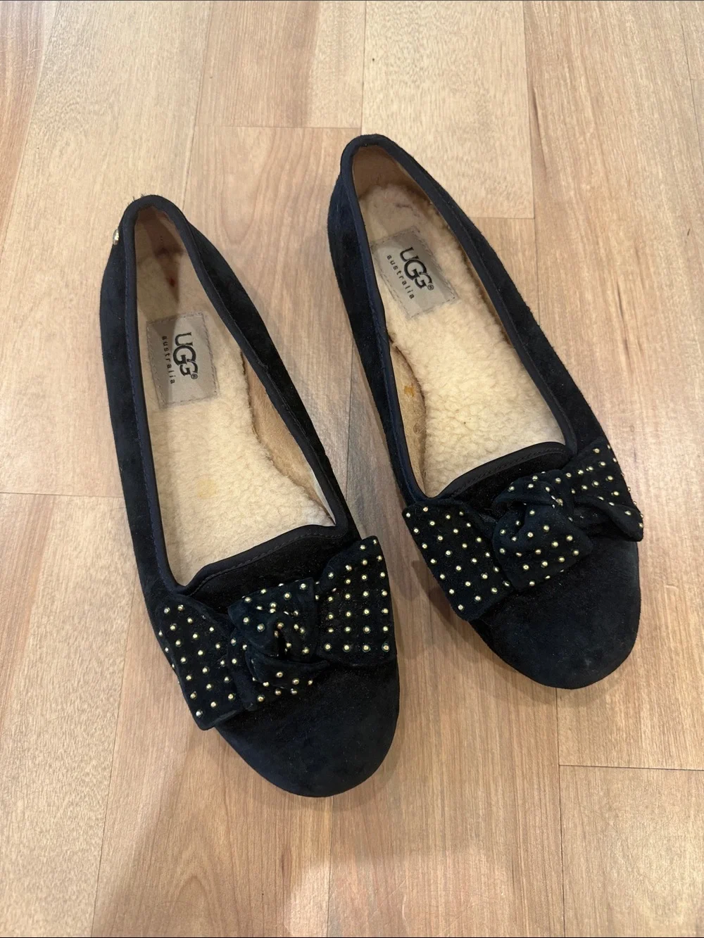 UGG Black Suede Bow Studded Flats with Shearling Lining